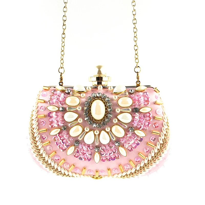 YNSSK Blush Pink Colored Beaded Glitter Clutch Bag Front View