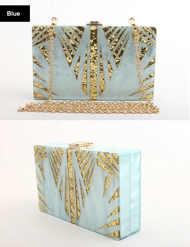 YNSSK Blue Acrylic Box Glitter Clutch Purse Front and Side View