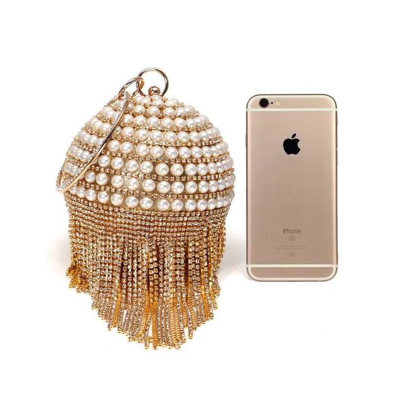 YNSSK Gold Round Pearl Glitter Clutch Bag Size Compare with iPhone