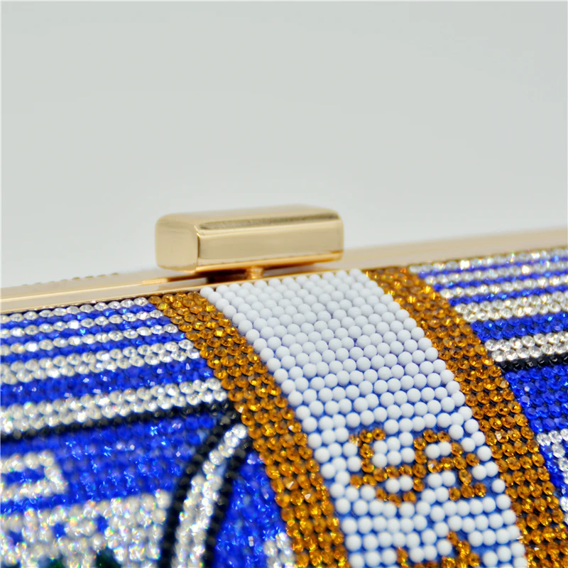 YNSSK $100 Dollar Clutch Rhinestone Purse Blue Color Snap Detail