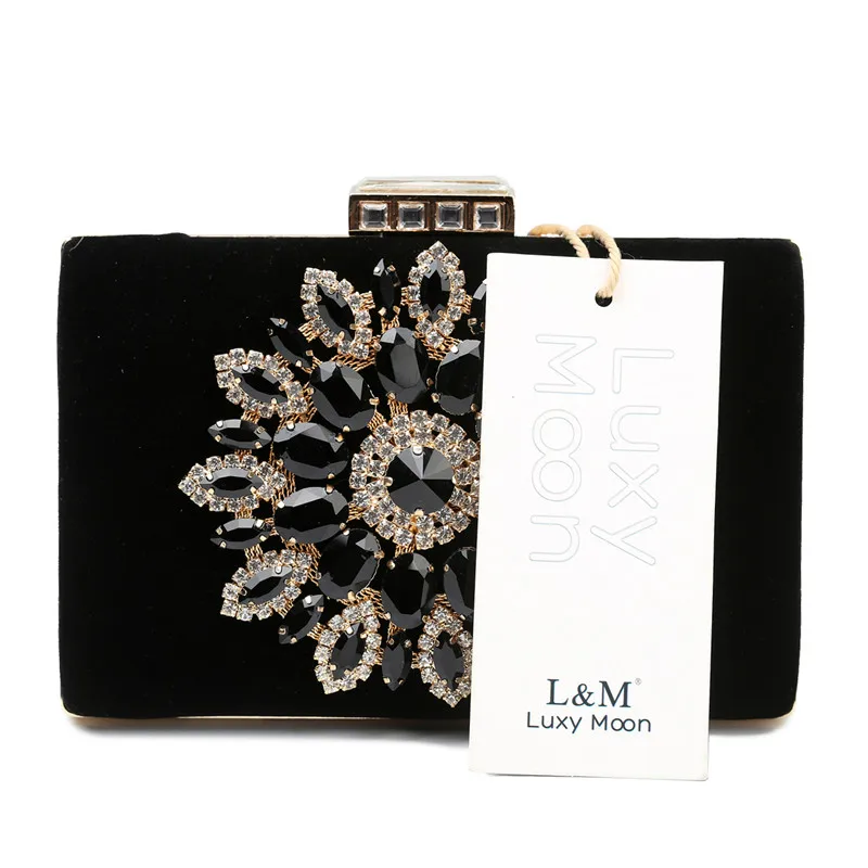 YNSSK Sparkling Floral Black Velvet Clutch Bag Snap Front View