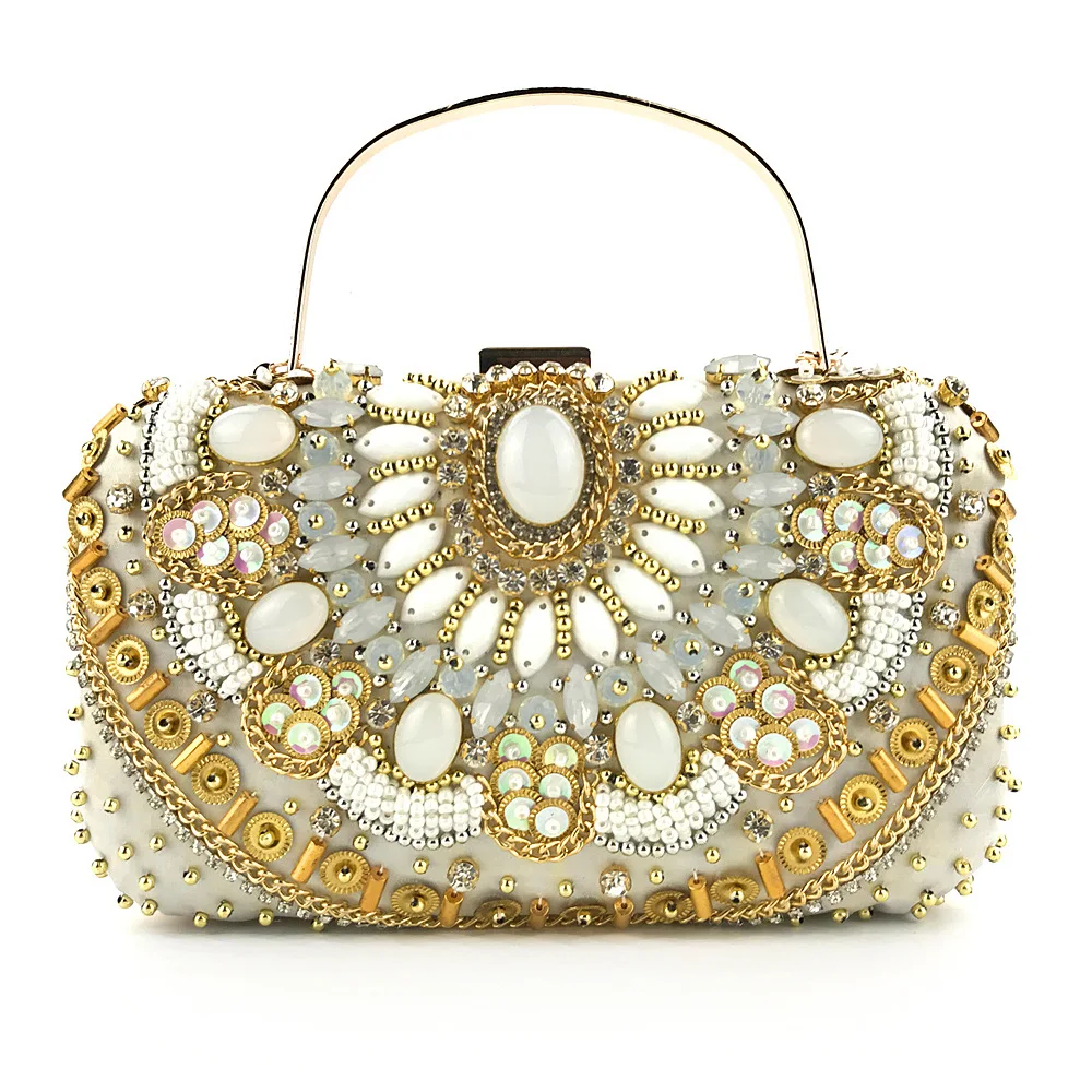 YNSSK Bead Embroidered Gold Satin Clutch Bag with Handle Front View