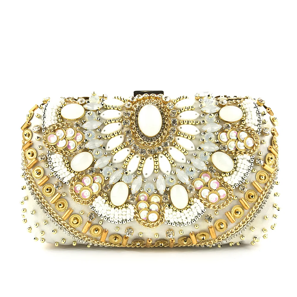 YNSSK Bead Embroidered Gold Satin Clutch Bag Front View