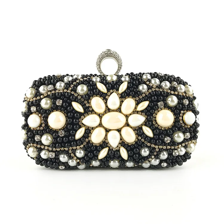 YNSSK Black Beads Evening Crossbody Bag Front View