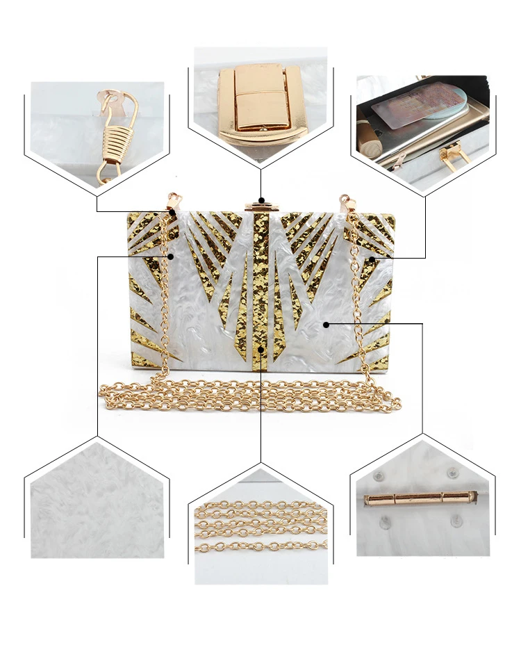 YNSSK White Acrylic Box Glitter Clutch Purse Detail View