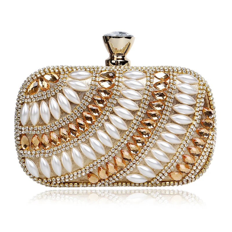YNSSK Rhinestone and Beads Embellished Gold Clutch Bag Front View