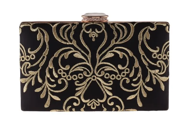 YNSSK Black Embroidered Clutch Bag Front View