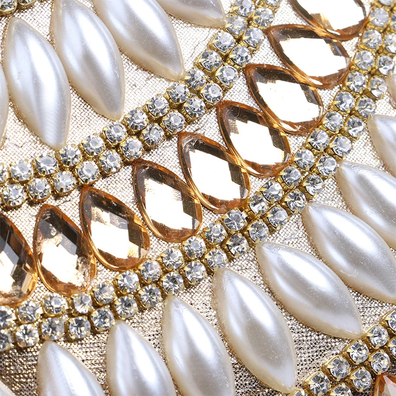 YNSSK Rhinestone and Beads Embellished Gold Clutch Bag Surface Detail View