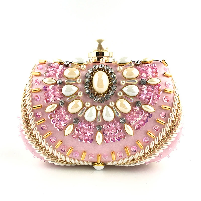 YNSSK Blush Pink Colored Beaded Glitter Clutch Bag Front View
