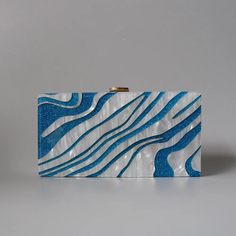 YNSSK Blue and White Spliced Glitter Clutch Front View