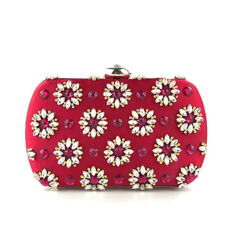 YNSSK Rhinestone Floral Red Satin Evening Bag Front View