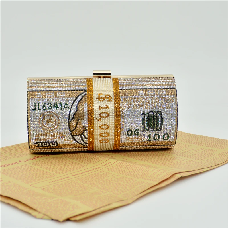 YNSSK $100 Dollar Clutch Rhinestone Purse Gold Color Front View