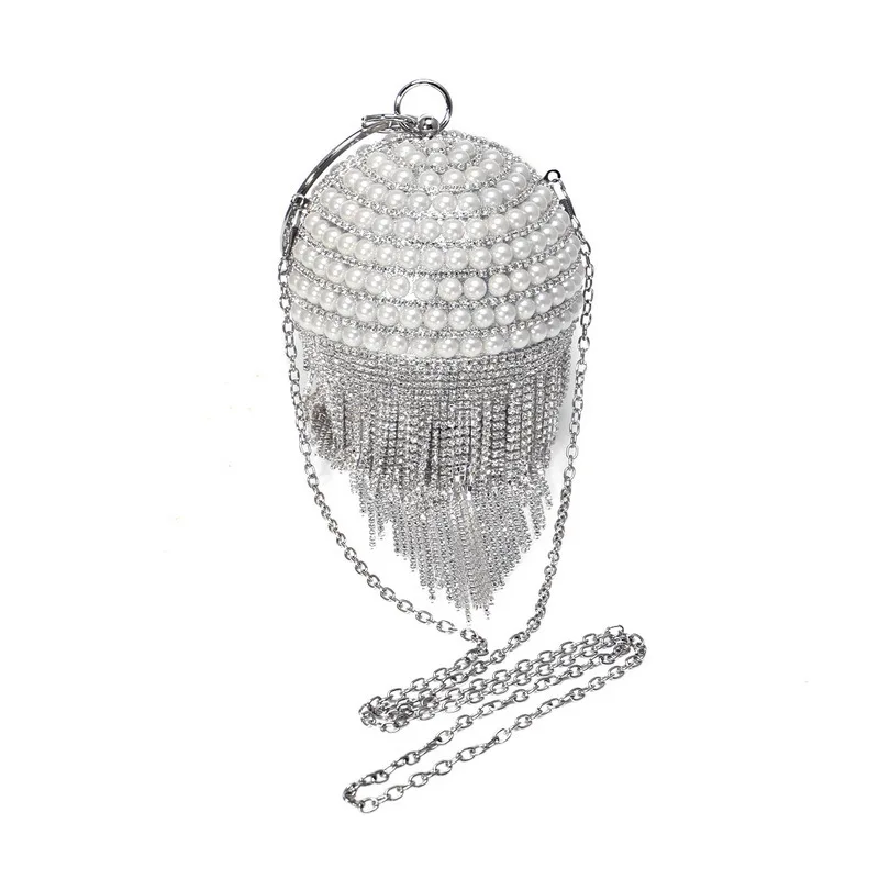 YNSSK Silver Round Pearl Glitter Clutch Bag Side View