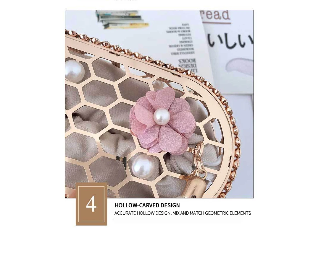 YNSSK Floral Metal Case Basket Clutch Bag Apricot Color Surface Detail