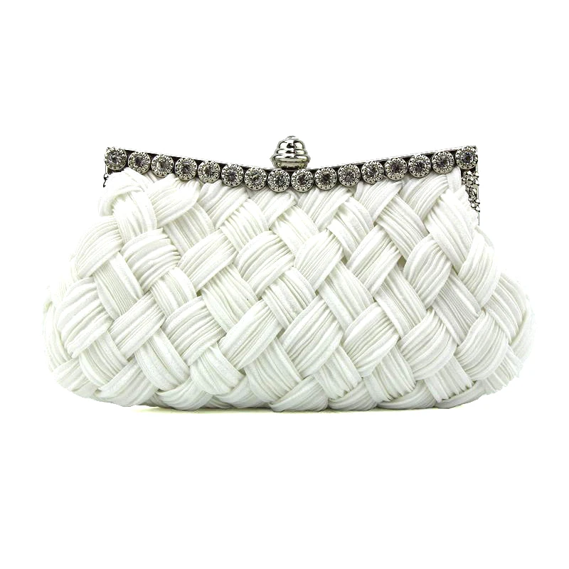 YNSSK White Rhinestone Braided Soft Clutch Bag Front View
