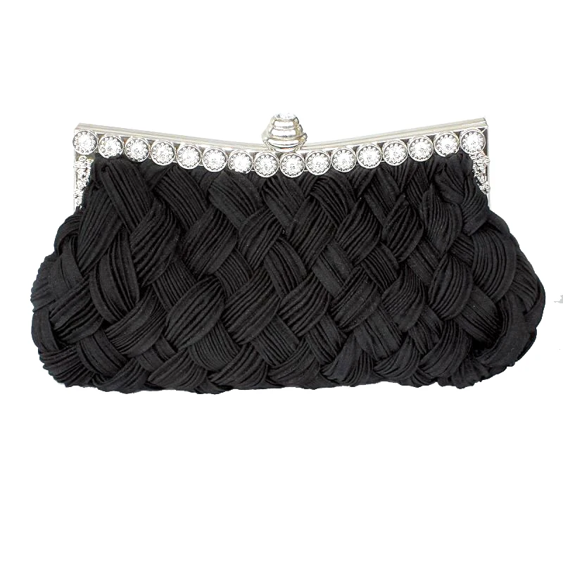 YNSSK Black Rhinestone Braided Soft Clutch Bag Front View