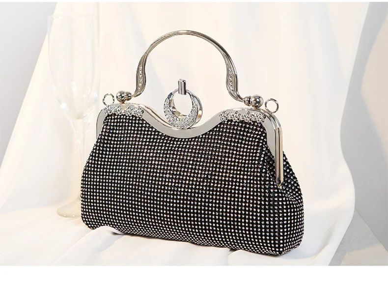 YNSSK Sparkling Black Clutch Bag With Metal Handle Side View