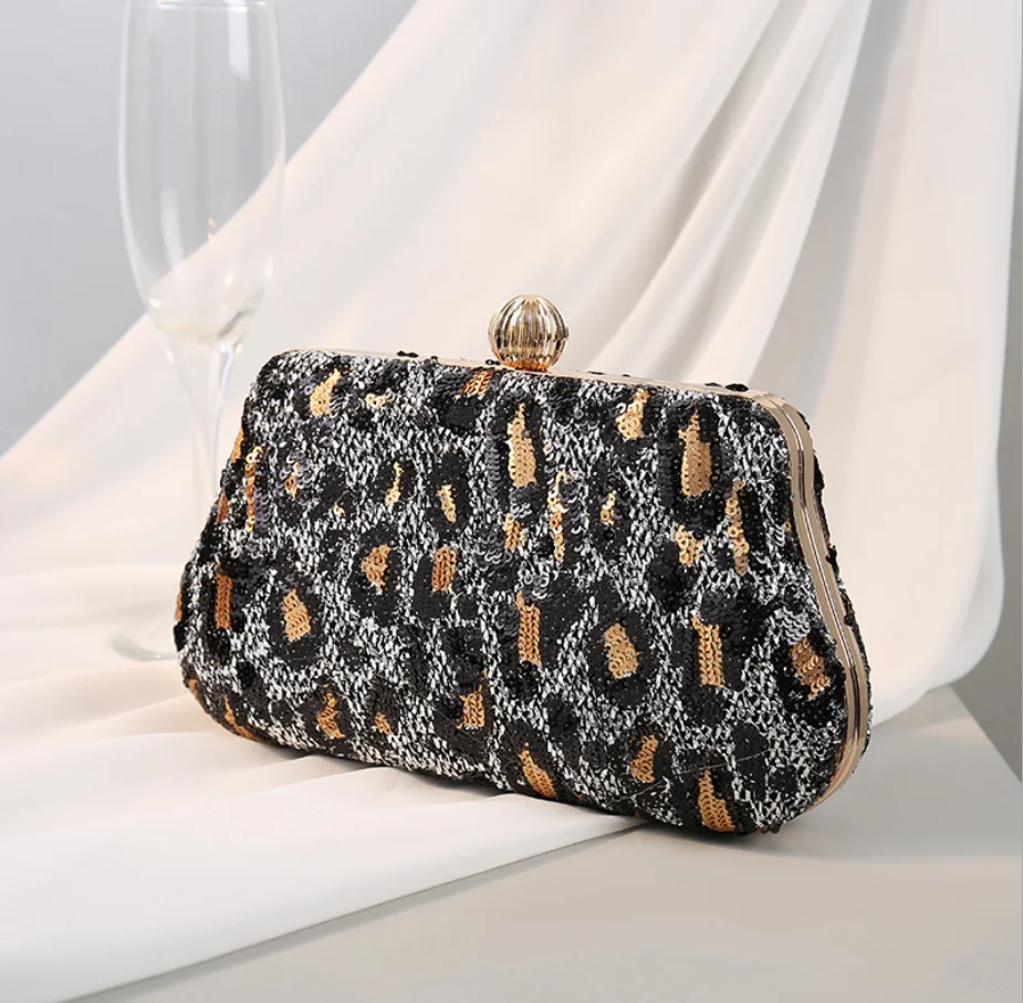YNSSK Silver Leopard Print Clutch Bag With Chain Front View