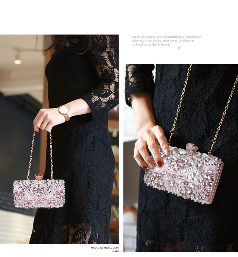 YNSSK Pink Sparkly Crystal Clutch Bag Model  Display