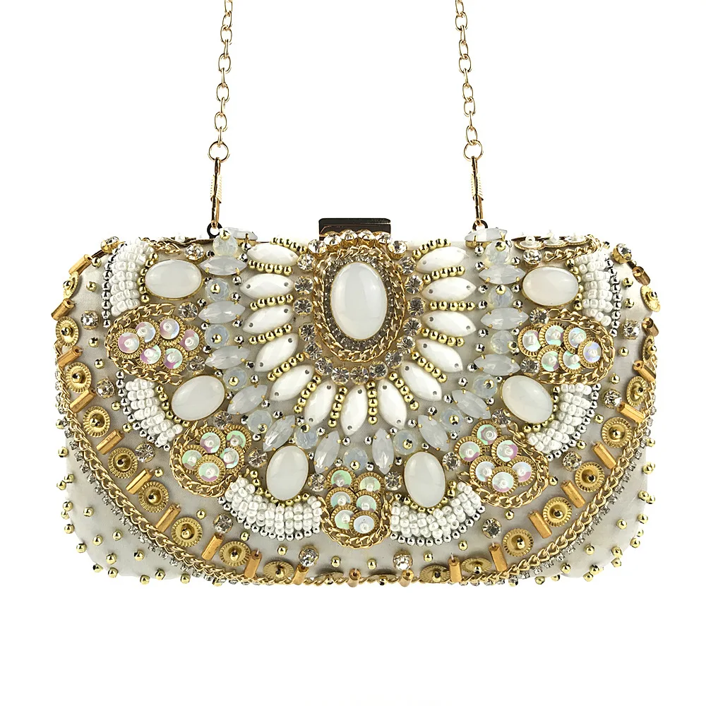 YNSSK Bead Embroidered Gold Satin Clutch Bag Front View