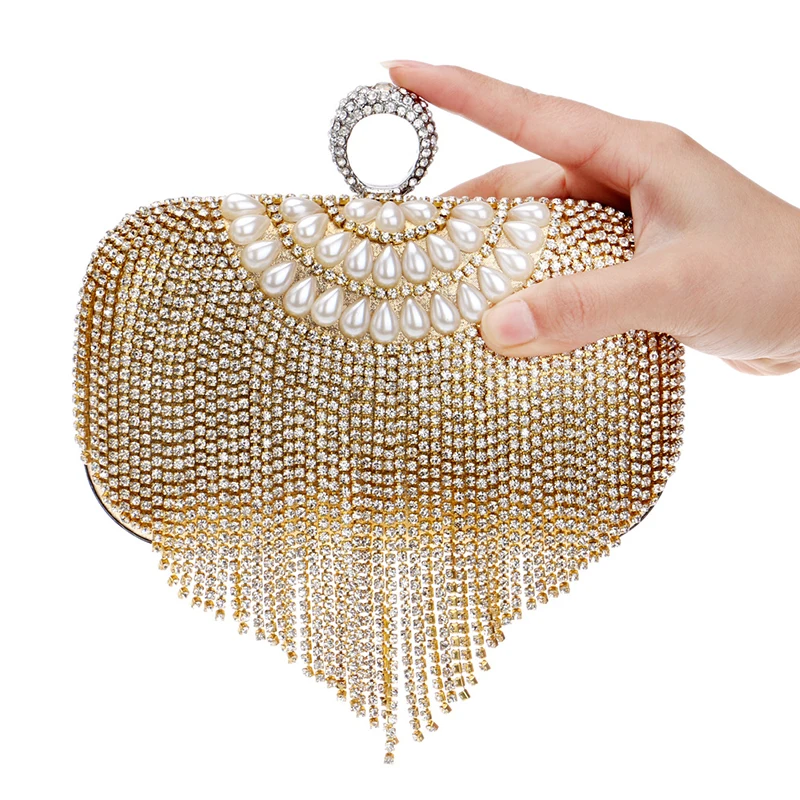 YNSSK Tassel Gold Rhinestone Clutch Bag Front View