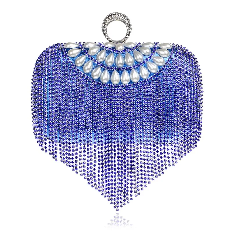 YNSSK Tassel Blue Rhinestone Clutch Bag Front View