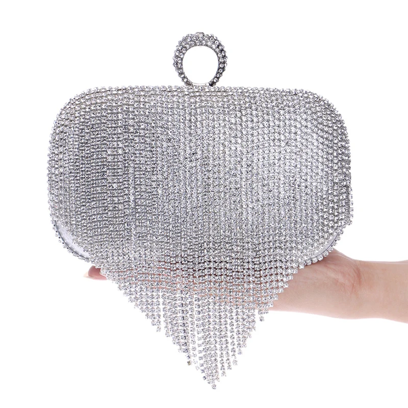 YNSSK Silver Tassel Clutch Evening Bags Front View