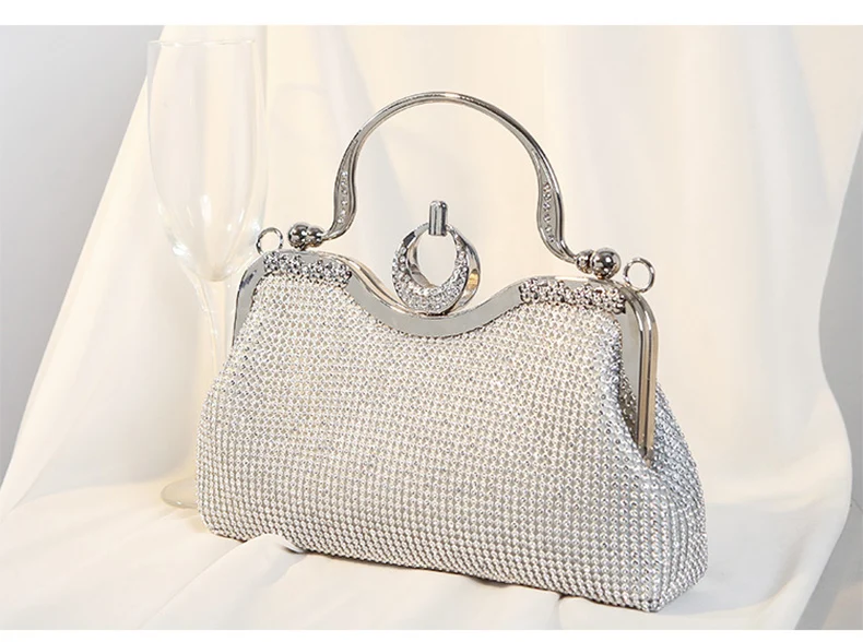 YNSSK Sparkling Silver Clutch Bag With Metal Handle Side View