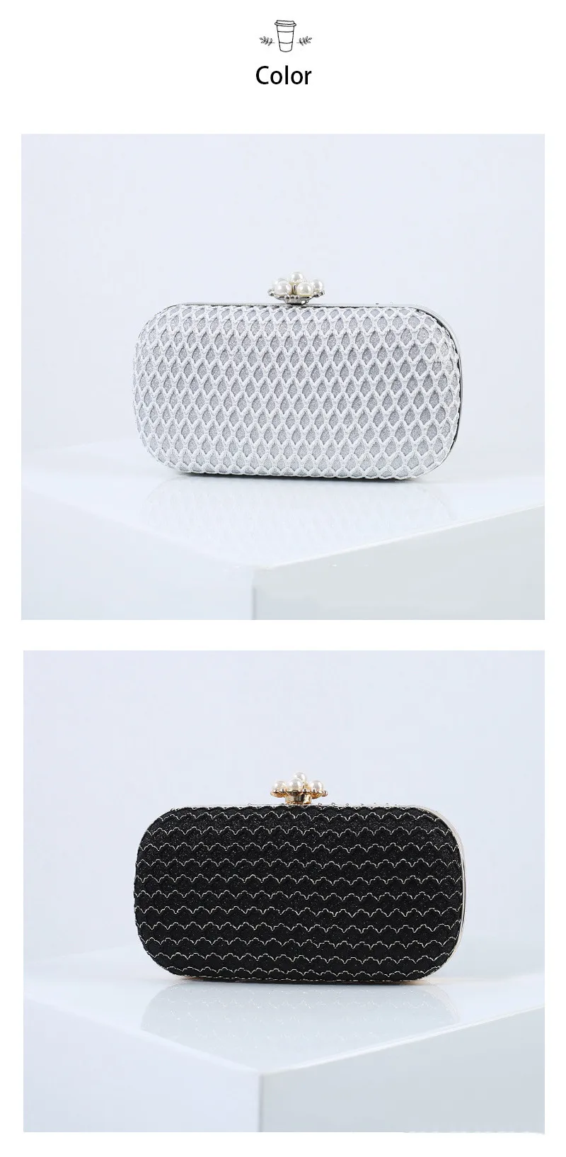 YNSSK Black and Silver Color Sequin Corrugated Evening Bag Front View