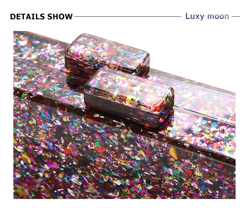 YNSSK Multicolor Sequin Acrylic Clutch Top Detail View