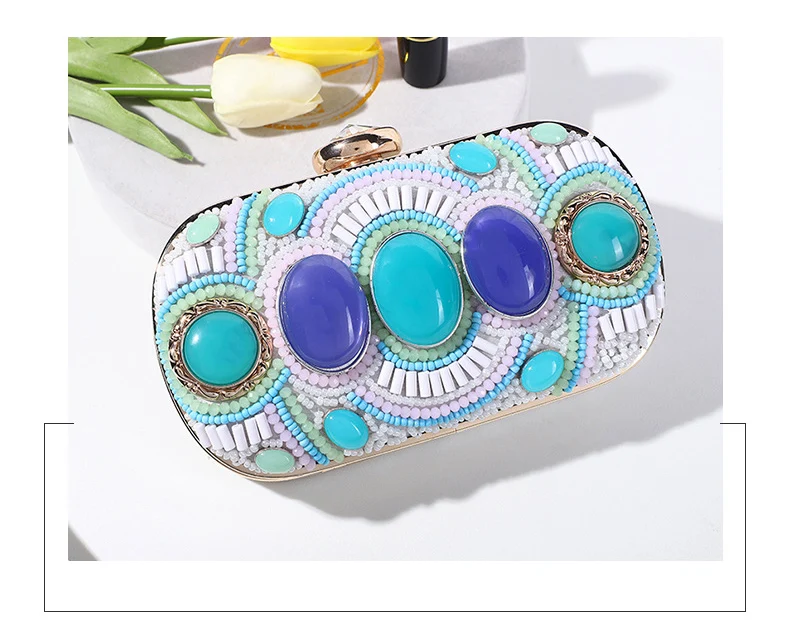 YNSSK Blue Gem Boho Beads Evening Clutch Bag Front View
