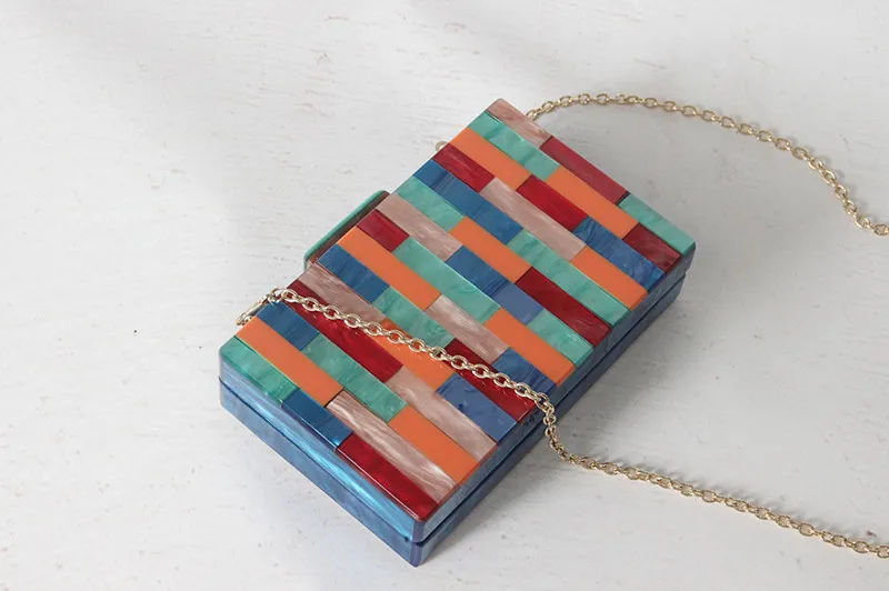 YNSSK Spliced Color Striped Acrylic Clutch Bag with Chain Front View