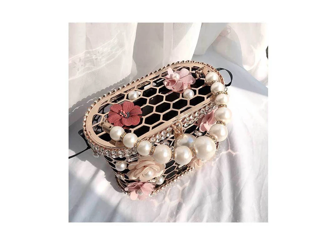 YNSSK Floral Metal Case Basket Clutch Bag Black Color Top View