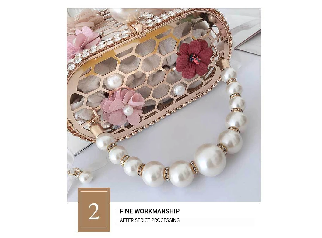 YNSSK Floral Metal Case Basket Clutch Bag Apricot Color Handle Detail
