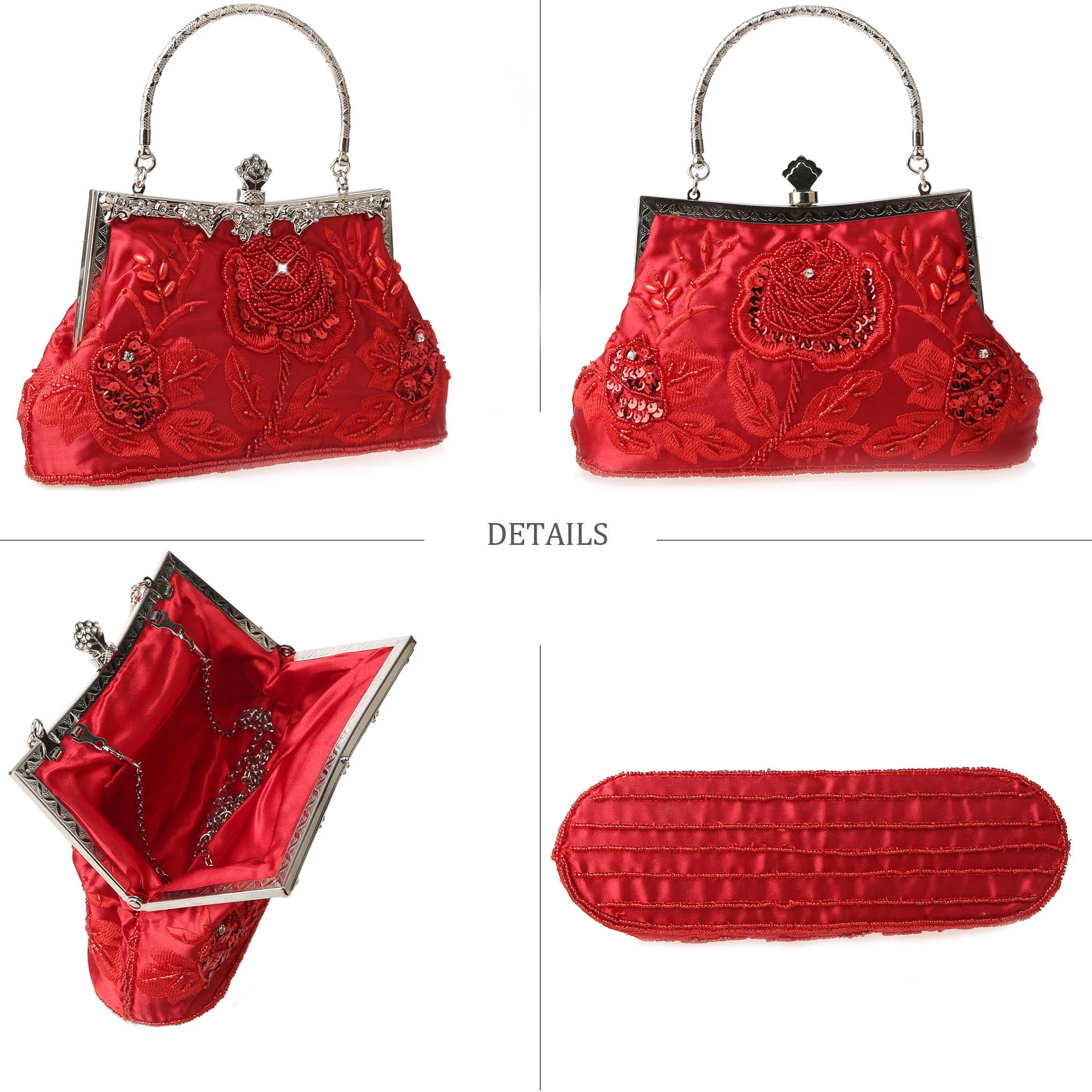 YNSSK Red Vintage Embroidered Clutch Side and Inside View