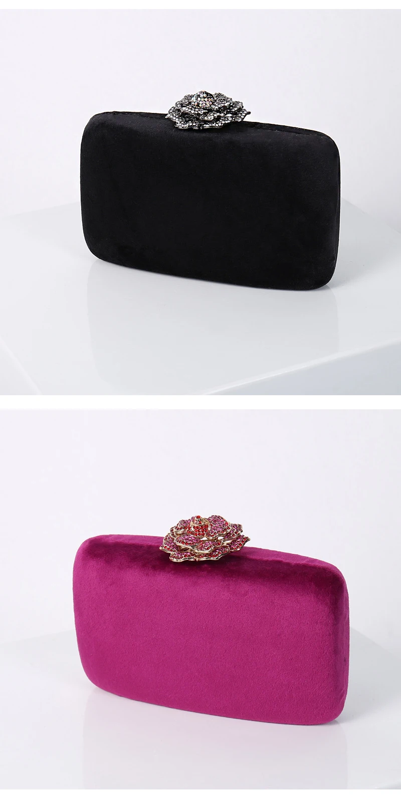 YNSSK Black and Rose Red Velvet Clutch Bag Front View