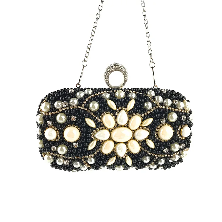 YNSSK Black Beads Evening Crossbody Bag Front View