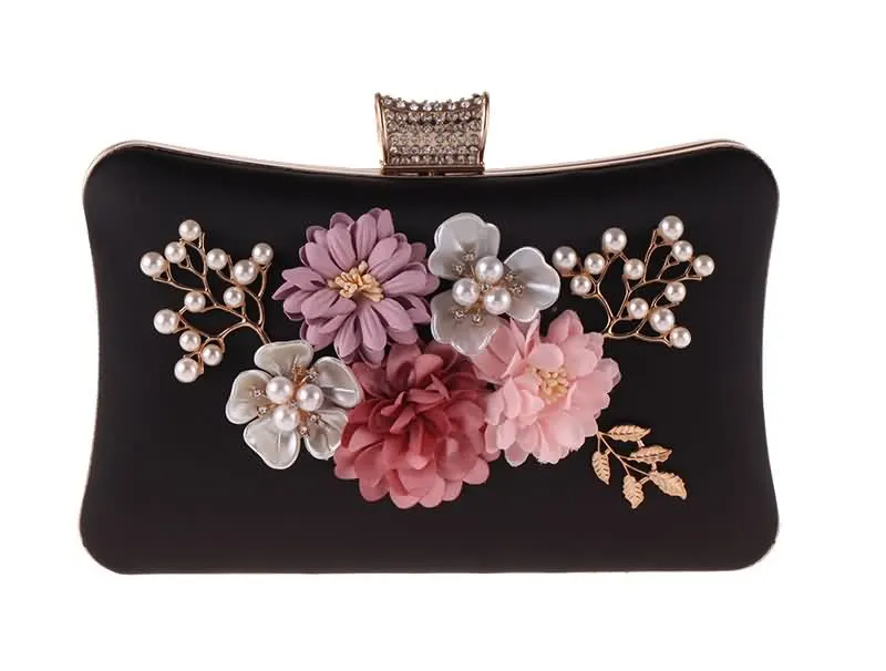 YNSSK Black Floral Velour Clutch Bag for Wedding Front View