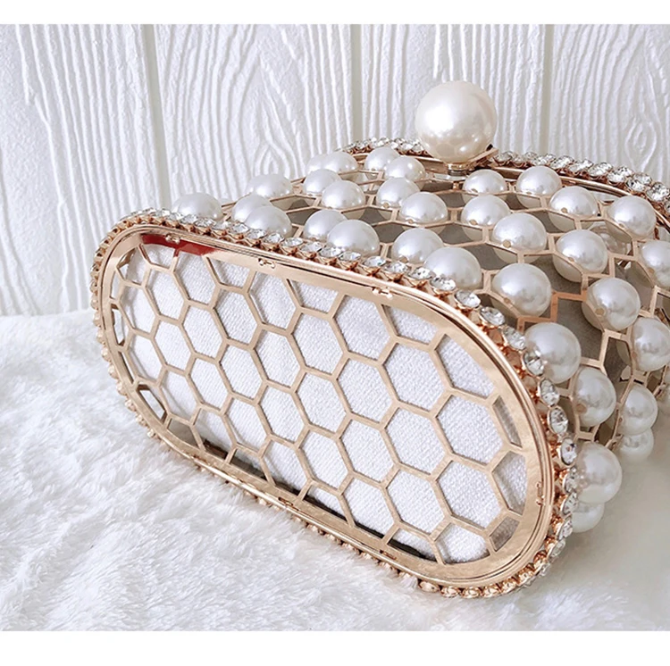 YNSSK Pearl Metal Case Drawstring Velvet Basket Clutch Bag Apricot Color Bottom View