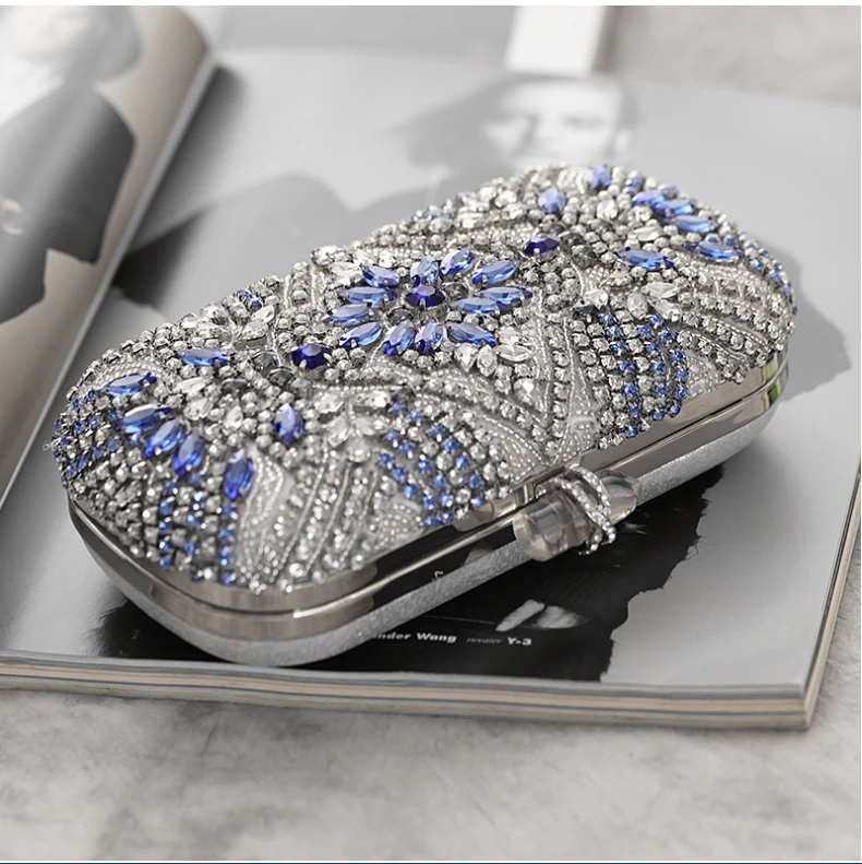 YNSSK Navy Silver Rhinestone Blue Evening Clutch Purse Top View