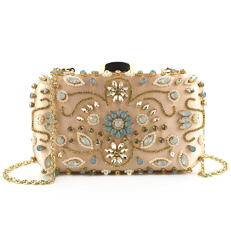 YNSSK Gold Satin Floral Clutch Bag With Strap Front View