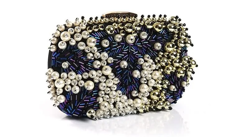 YNSSK Navy Beads Embroidered Evening Clutch Bag Side View