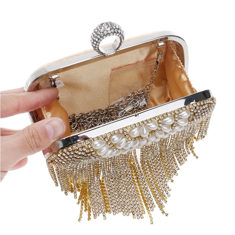 YNSSK Tassel Gold Rhinestone Clutch Bag Inside View