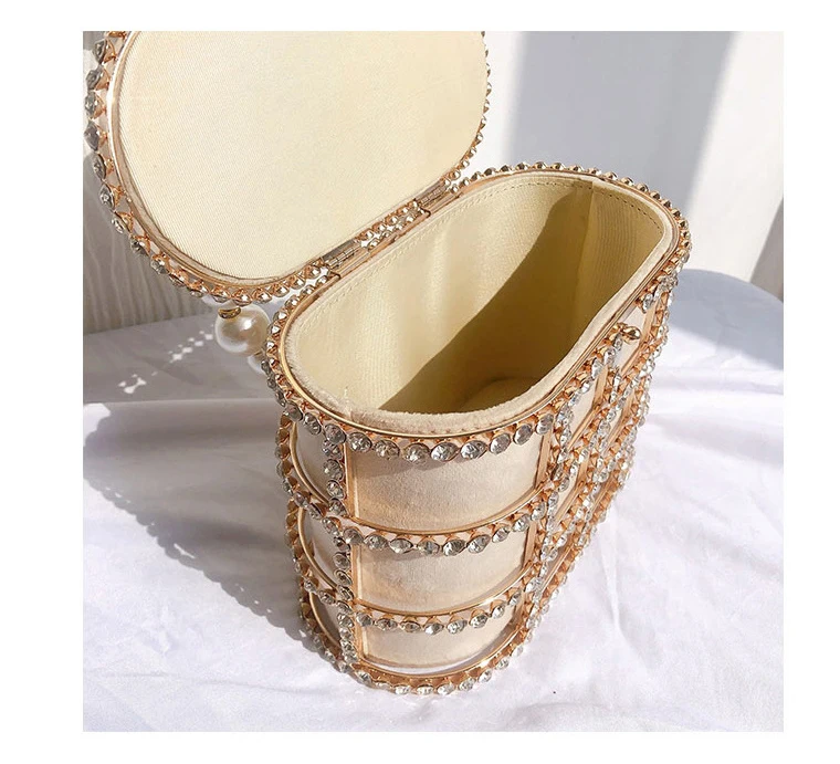 YNSSK Sparkling Metal Case Drawstring Basket Clutch Bag Apricot Color Inside View
