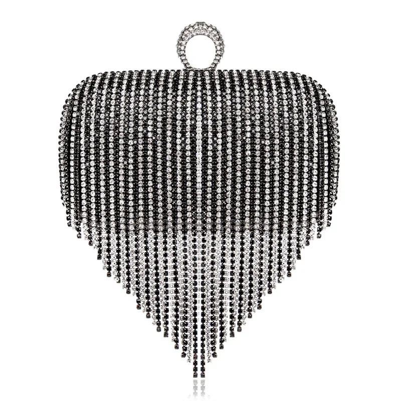 YNSSK Silver and Black Tassel Clutch Evening Bags Front View