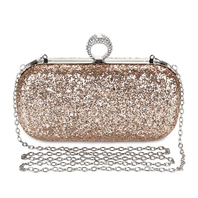 YNSSK Champagne Sequin Clutch Bag with Chain Front View