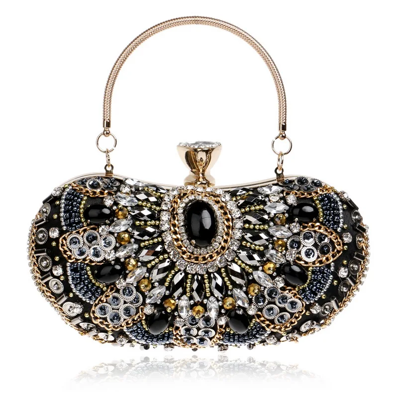 YNSSK Silver Black Crystal Metal Decorative Clutch Bag Front View
