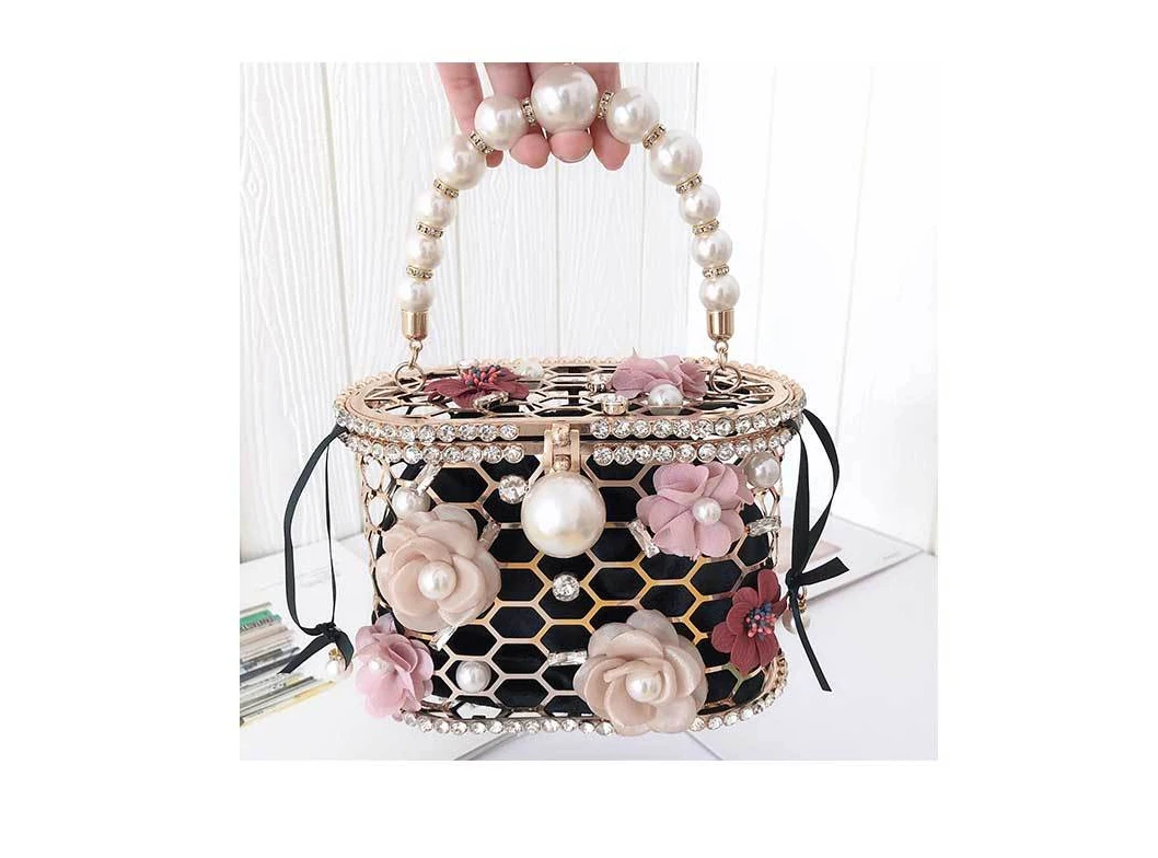 YNSSK Floral Metal Case Basket Clutch Bag Black Color Front View