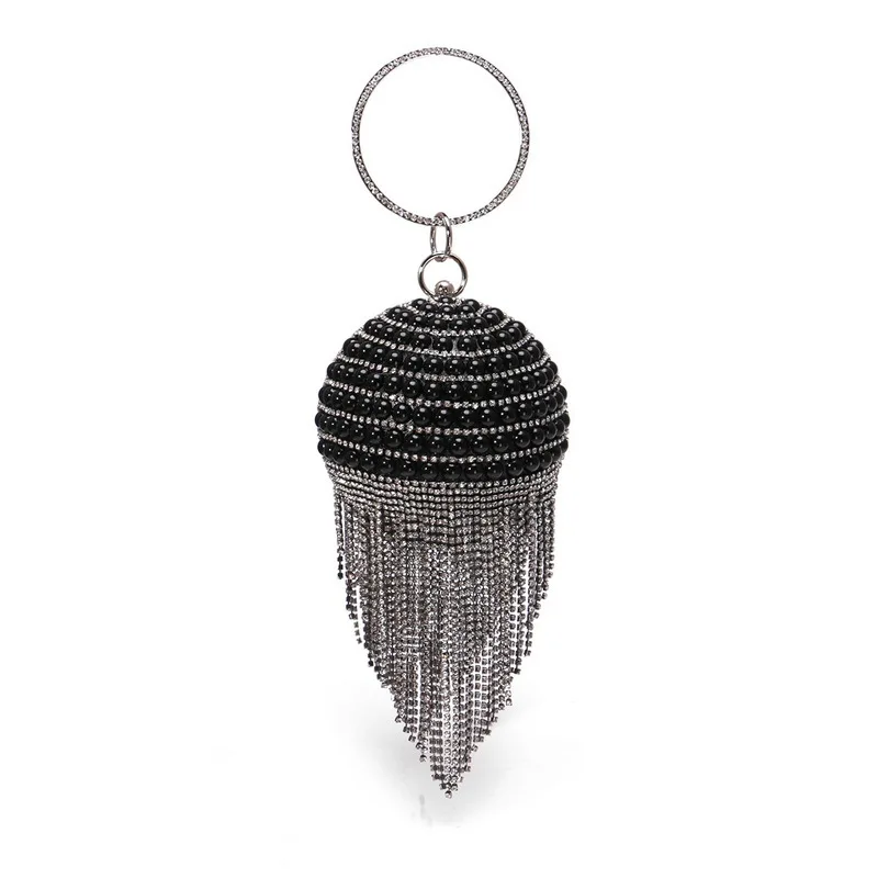 YNSSK Black Round Pearl Glitter Clutch Bag Front View