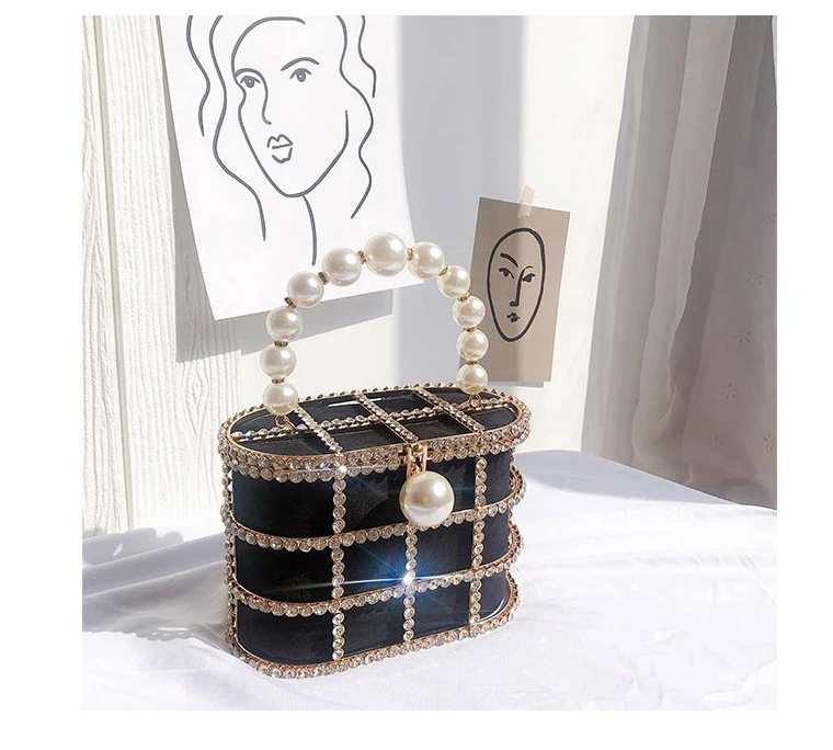 YNSSK Sparkling Metal Case Drawstring Basket Clutch Bag Black Color Side View